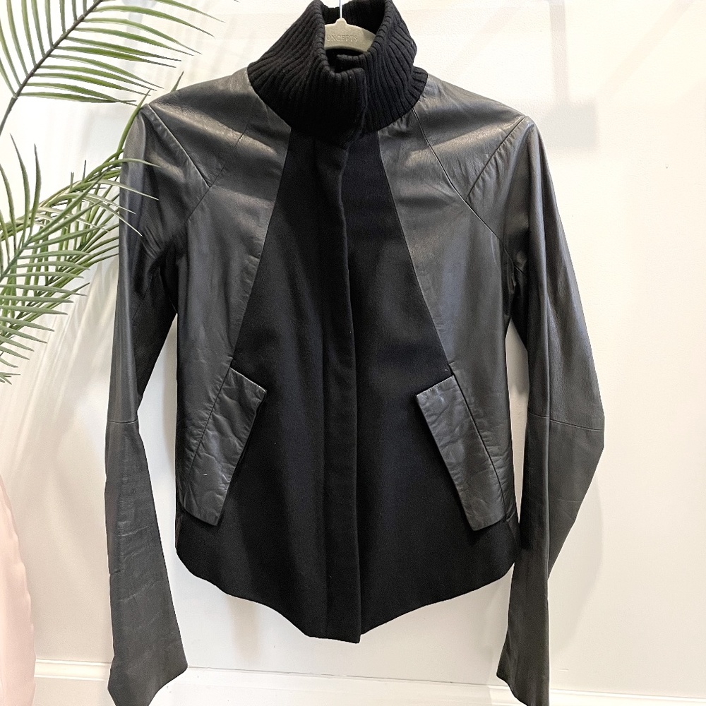 Leather and wool zip up jacket